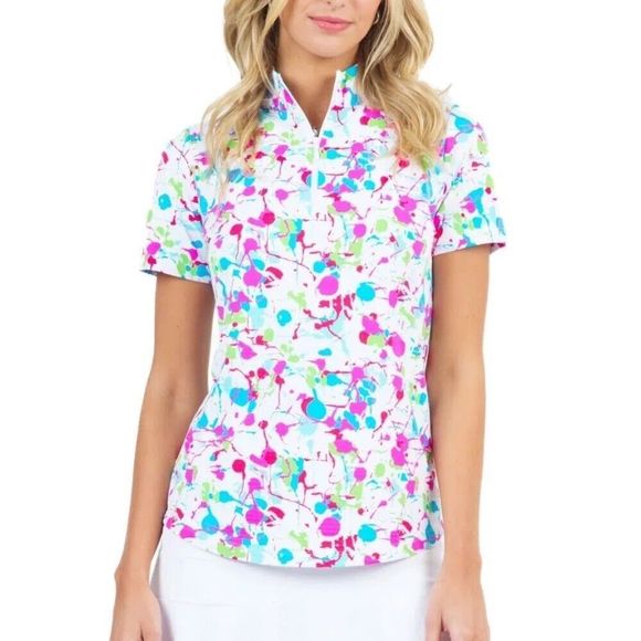 IBKUL Denis Mock Neck Zip Top Short Sleeve S M White Womens Golf